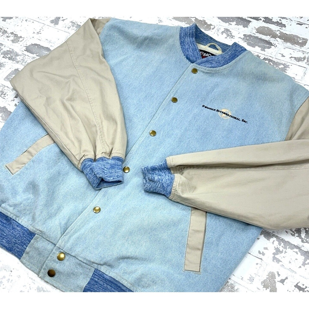 Vintage Denim Jacket Men Large Blue Tan Varsity Letterman Bomber 90s Y2K Work - Picture 2 of 14